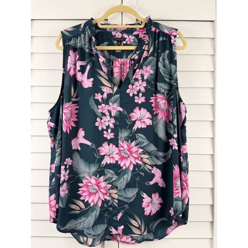 Ann Taylor Floral Blouse Women XXL Teal Pink Sleeveless Ruffle Neck Shell